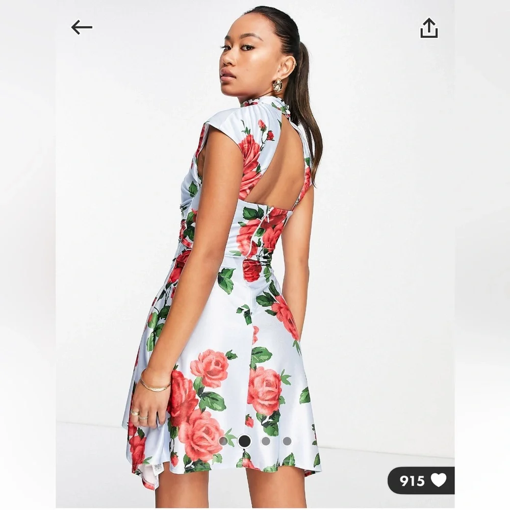 NWT! Size 14 mandarin style collar satin floral print dress. Light blue w roses - Picture 2 of 4